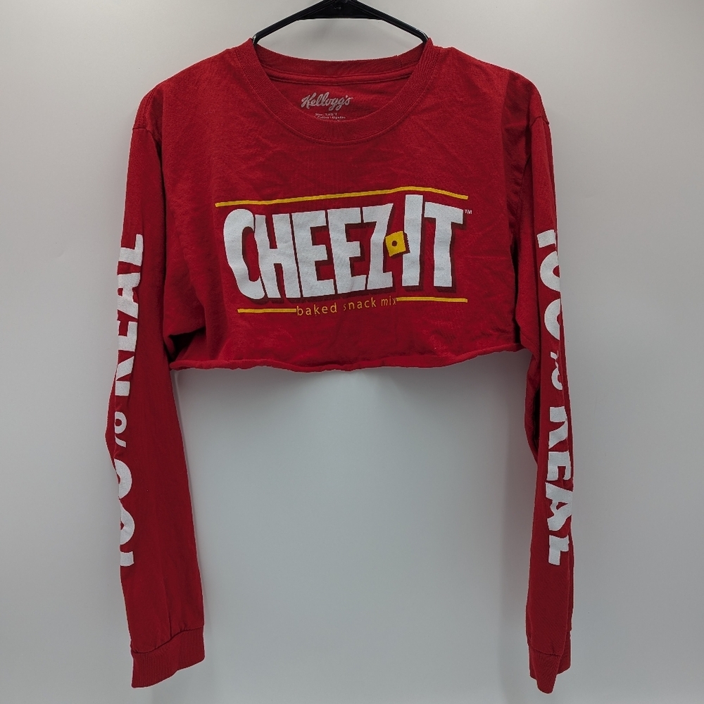 Kellogg Cheez-It Y2k Long Sleeve Crop Tee Grunge Red Cotton Streetwear Raw Hem M